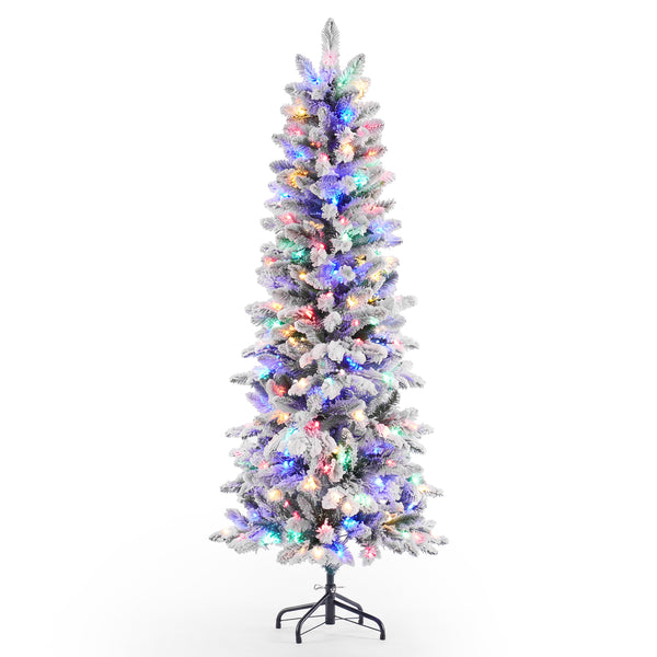 SHOUFTW Artificial Christmas Tree, Pre-Lit Green Pencil Tree with LED Lights, Metal Stand