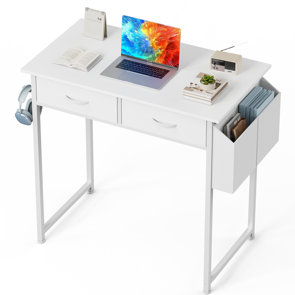 CONCETTA 32/48 Inch Small Desk with Fabric Drawers & Storage Bag Iron Hook, Computer Desk,White Vanity Desk with Storage for Bedroom