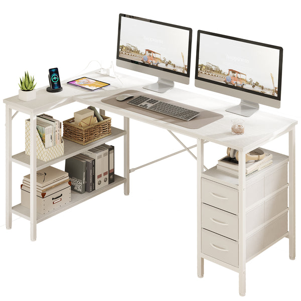 47"L Shaped Computer Desk with 3 Drawers, Power Outlets, USB Ports, and Monitor Stand, Corner Gaming Desk for Home Office