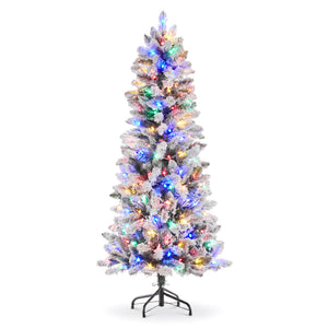 SHOUFTW Artificial Christmas Tree, Pre-Lit Green Pencil Tree with LED Lights, Metal Stand