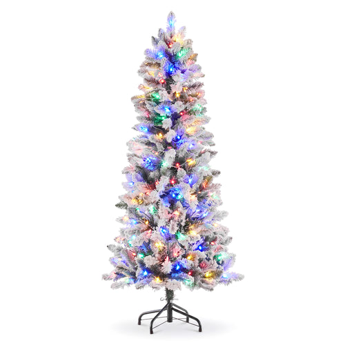 SHOUFTW Artificial Christmas Tree, Pre-Lit Green Pencil Tree with LED Lights, Metal Stand