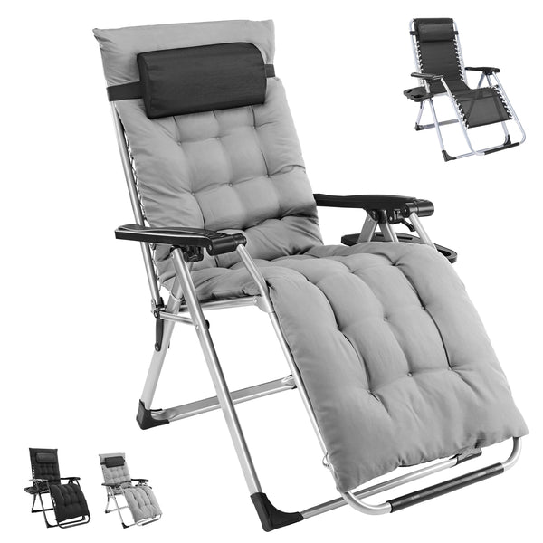 SHOUFTW Padded Zero Gravity Lounge Chair with Detachable Cushion & Side Tray, Folding Reclining Patio Chair, Outdoor Lawn Lounger