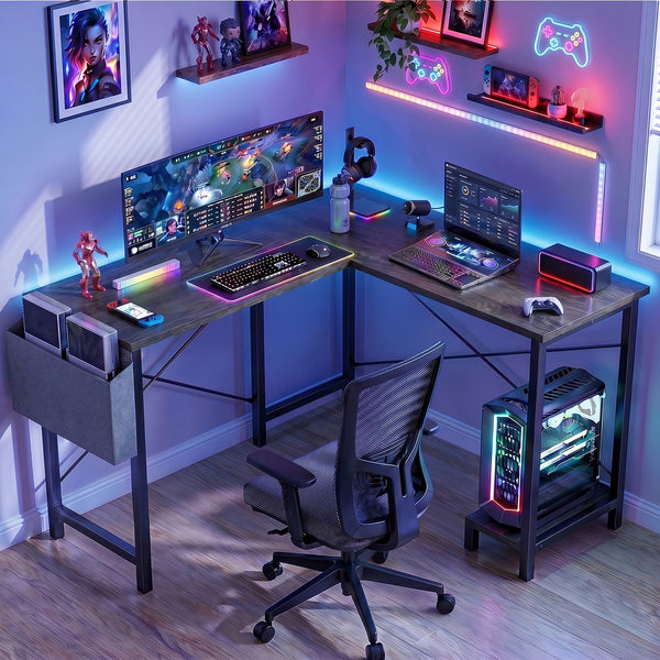 CONCETTA 49 Inch Modern L Shaped Computer Desk with Lower Storage Shelf & Side Bag, Two-Way Convertible Corner Gaming Table for Home Office