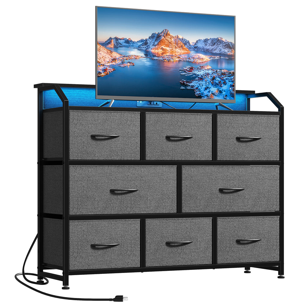 CONCETTA LED TV Stand Dresser, Fits TVs up to 45 Inches, LED Lights & Power Outlet, 8 Fabric Drawers Storage for Bedroom Living Room