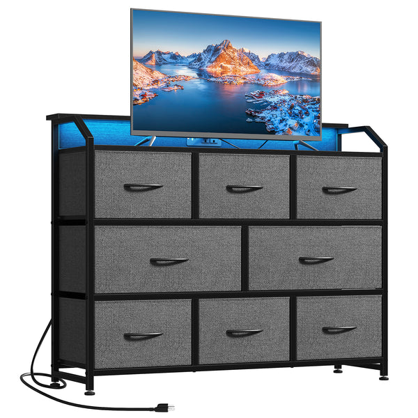 CONCETTA LED TV Stand Dresser, Fits TVs up to 45 Inches, LED Lights & Power Outlet, 8 Fabric Drawers Storage for Bedroom Living Room