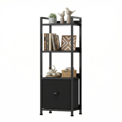 CONCETTA  Bookshelf with Drawer, Tall Narrow Bookcase with Shelves, Wood and Metal Storage Organizer for Bedroom, Living Room