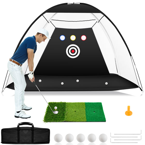 10x7 Ft Golf Practice Hitting Net with Tri-Turf Mat for Indoor Outdoor Use - Real Feel Golf Mats & Portable Golf Net for Garage, Backyard, Driving
