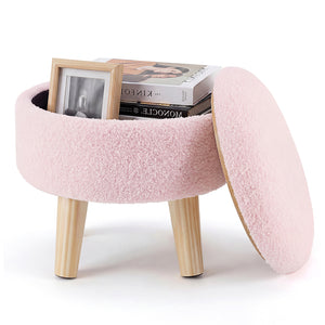 CONCETTA Round Storage Ottoman with Soft Padded Seat, Teddy Velvet Footstool with Wood Legs, Accent Ottoman for Living Room & Entryway