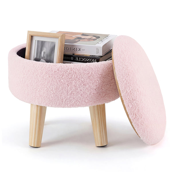 CONCETTA Round Storage Ottoman with Soft Padded Seat, Teddy Velvet Footstool with Wood Legs, Accent Ottoman for Living Room & Entryway