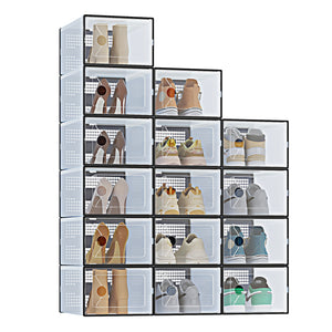 CONCETTA 12/15-Pack Shoe Box Organizer for up to US Size 9, Stackable Plastic Storage Rack for Closet Hallway Bedroom