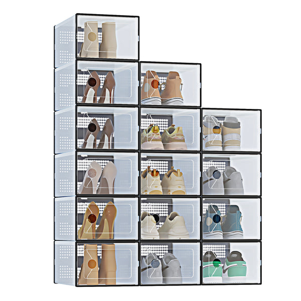 CONCETTA 12/15-Pack Shoe Box Organizer for up to US Size 9, Stackable Plastic Storage Rack for Closet Hallway Bedroom