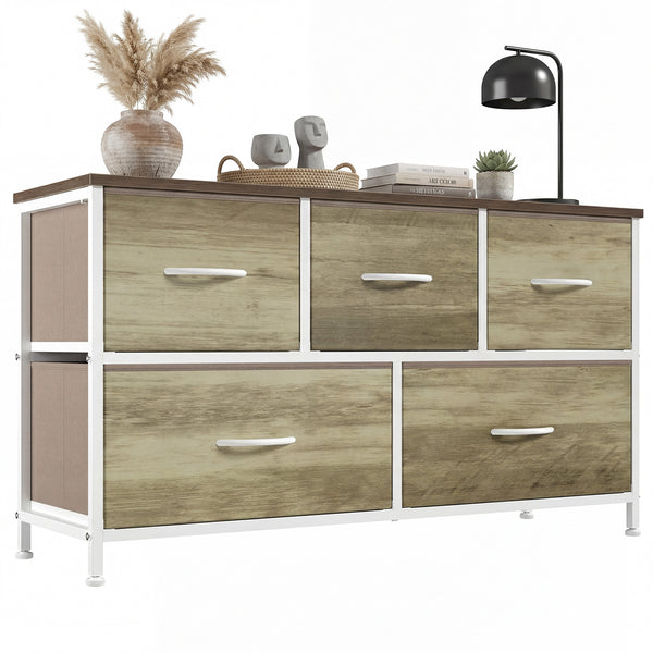 CONCETTA 5 Fabric Dresser with 5 Storage Drawers, TV Stand with Wooden Top Metal Frame for Clothes, Living Room, Hallway, Entryway