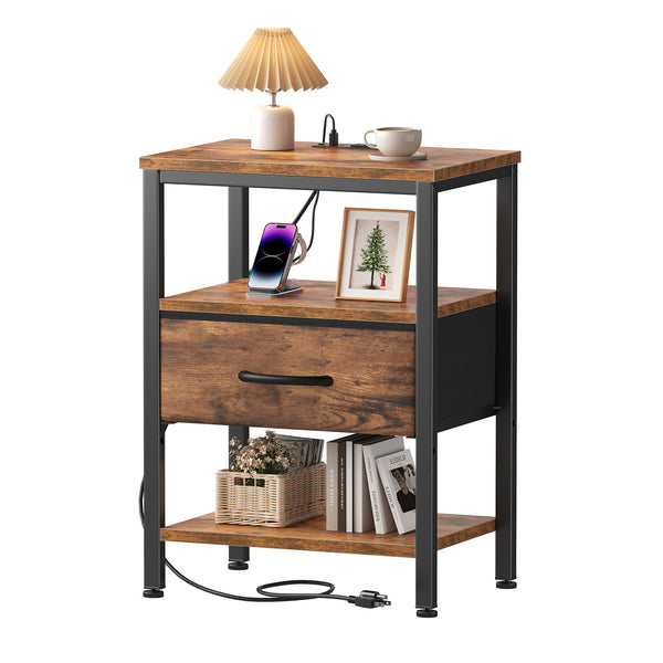 CONCETTA Small Night Stand with Charging Station, 1 Fabric Drawer, USB Ports and Outlets, Open Storage Shelf Bedside End Table for Bedroom, Black，Black Brown,Rustic Brown，White