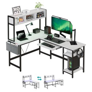 67" Reversible L-Shaped Desk with LED Lights, Power Outlets, Drawer, Keyboard Tray & Hutch