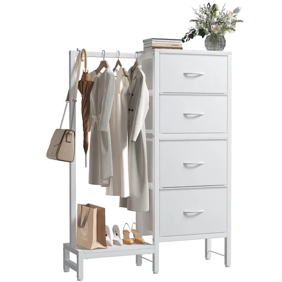 CONCETTA 4 Drawers Dresser with Hanging Rack, 44-inch Tall Reversible Fabric Chest, Bedroom Storage Tower