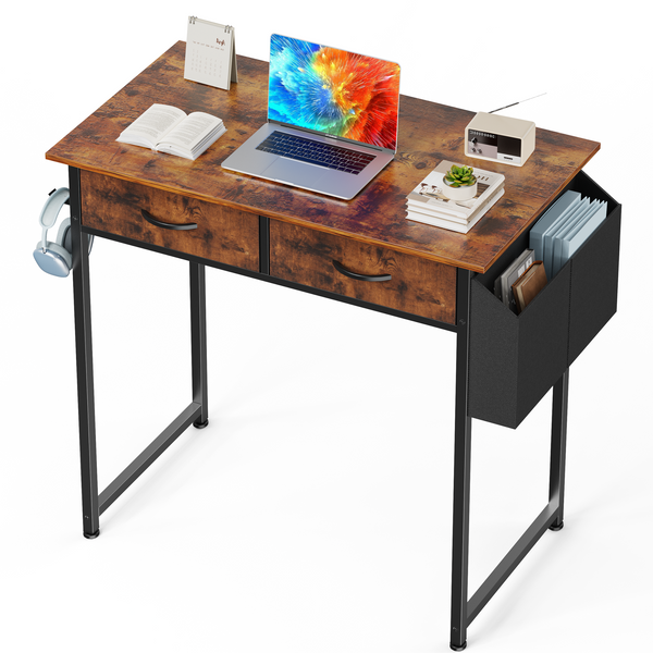JOINSUN 32/48 Inch Small Desk with Fabric Drawers & Storage Bag Iron Hook, Computer Desk,White Vanity Desk with Storage for Bedroom