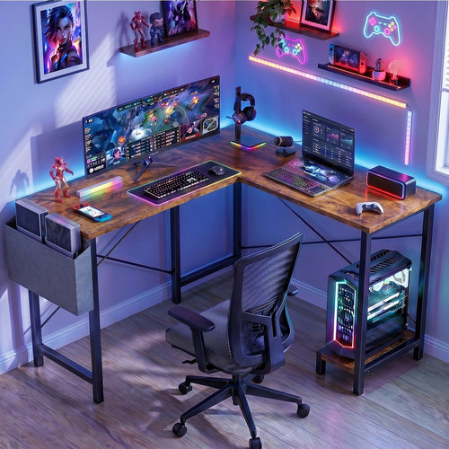 CONCETTA 49 Inch Modern L Shaped Computer Desk with Lower Storage Shelf & Side Bag, Two-Way Convertible Corner Gaming Table for Home Office