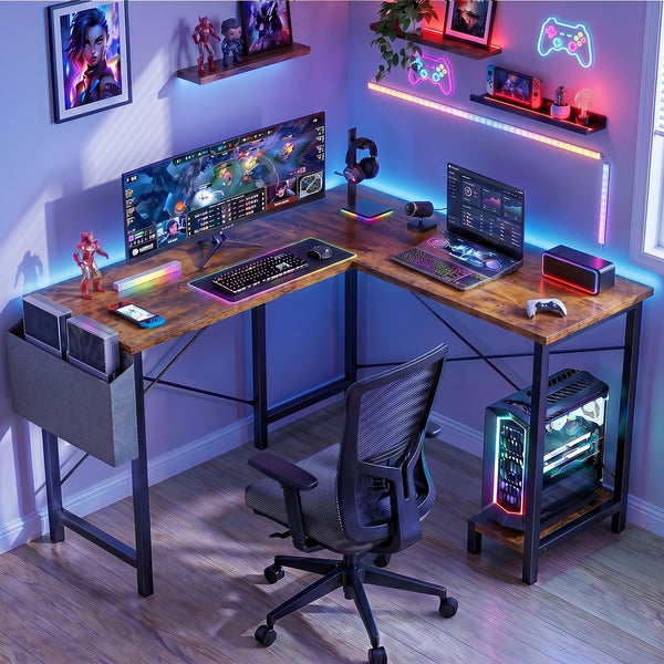 CONCETTA 49 Inch Modern L Shaped Computer Desk with Lower Storage Shelf & Side Bag, Two-Way Convertible Corner Gaming Table for Home Office
