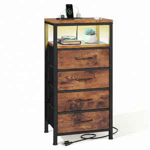 Fabric Drawers Nightstand with Charging Station, Bedside End Table with Power Outlet & USB/Type-C Ports, Iron Frame Structure, Adjustable Feet and Variable Light Strip for Bedroom