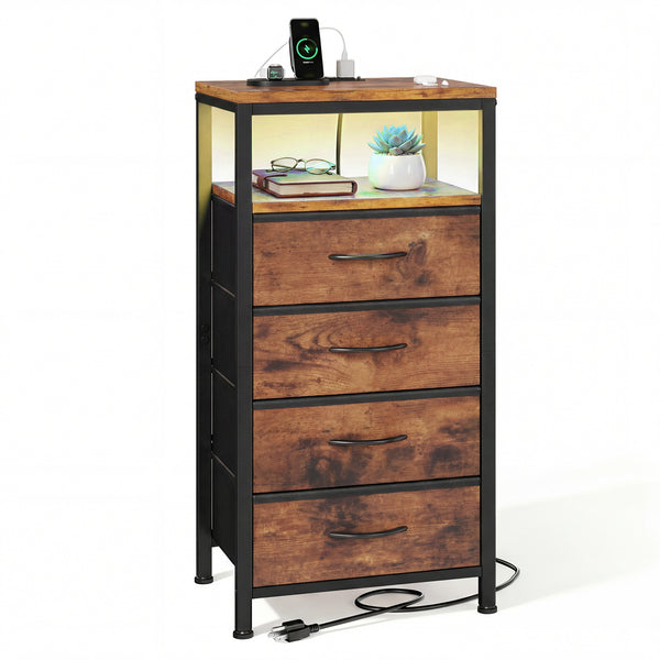 Fabric Drawers Nightstand with Charging Station, Bedside End Table with Power Outlet & USB/Type-C Ports, Iron Frame Structure, Adjustable Feet and Variable Light Strip for Bedroom