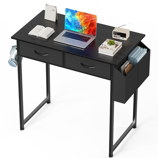 JOINSUN 32/48 Inch Small Desk with Fabric Drawers & Storage Bag Iron Hook, Computer Desk,White Vanity Desk with Storage for Bedroom