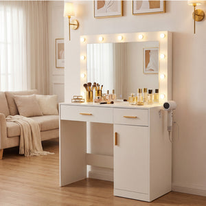 CONCETTA Vanity Desk with Mirror and Lights, Makeup Vanity Table with Hair Dryer & Power Outlet, Dressing Table for Bedroom