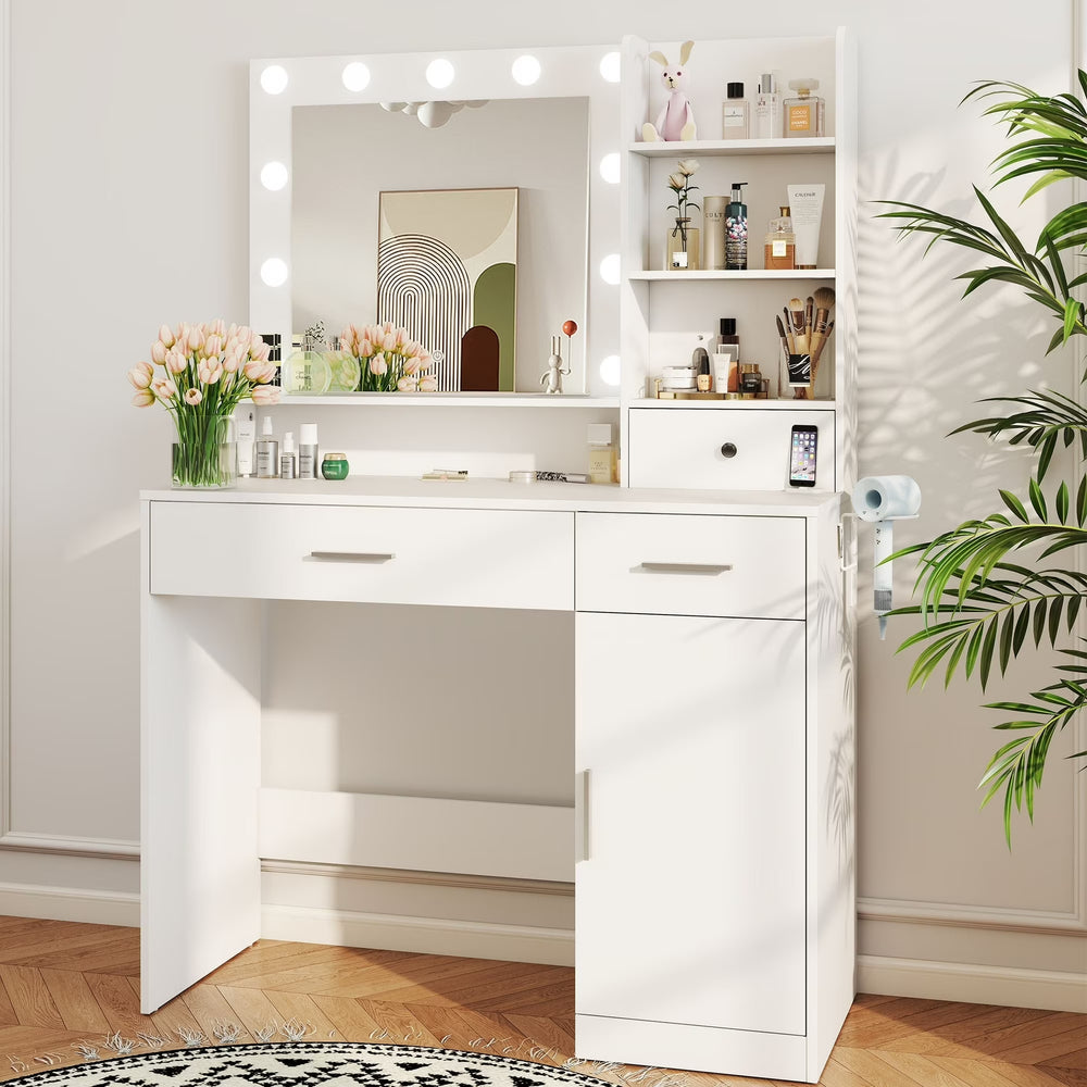 CONCETTA Modern Adult Vanity Desk 1 Piece with Mirror, Power Outlet and Lights, White Table Set