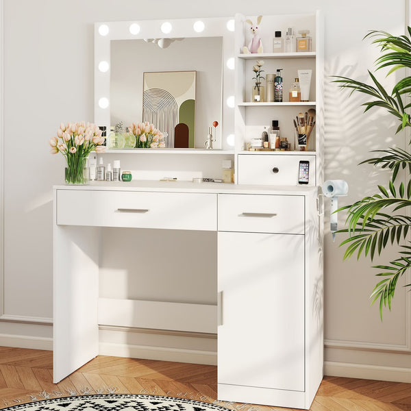 CONCETTA Modern Adult Vanity Desk 1 Piece with Mirror, Power Outlet and Lights, White Table Set