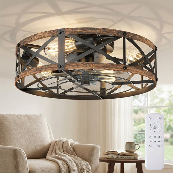 SHOUFTW Bladeless Farmhouse Flush Mount Ceiling Fan with Lights, Remote Control Rustic Low Profile Caged Quiet Fandelier for Bedroom Kitchen