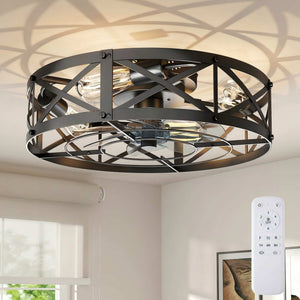 SHOUFTW Bladeless Farmhouse Flush Mount Ceiling Fan with Lights, Remote Control Rustic Low Profile Caged Quiet Fandelier for Bedroom Kitchen