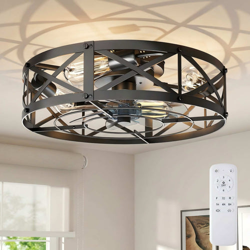 SHOUFTW Bladeless Farmhouse Flush Mount Ceiling Fan with Lights, Remote Control Rustic Low Profile Caged Quiet Fandelier for Bedroom Kitchen