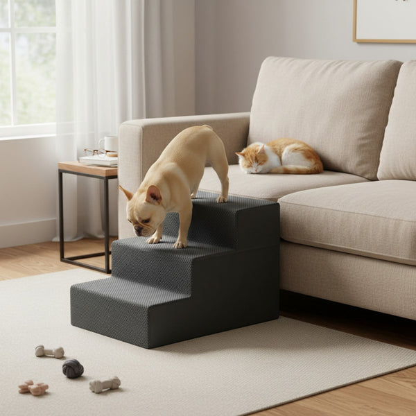 SHOUFTW Round Edge Pet Stairs Ramp, High-Density Foam Dog Cat Steps, Non-Slip Indoor Ladder for Couch, High Beds, Car, Gray