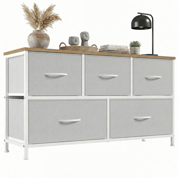 CONCETTA 5 Fabric Dresser with 5 Storage Drawers, TV Stand with Wooden Top Metal Frame for Clothes, Living Room, Hallway, Entryway