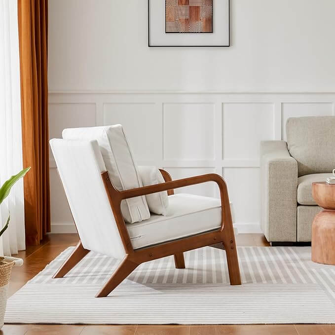 CONCETTA Accent Chair Mid Century Modern Chairs with Pillow, Upholstered Lounge Seating Side with Solid Wood Frame & Soft Cushion, for Living Room, Bedroom, Balcony, Light Beige