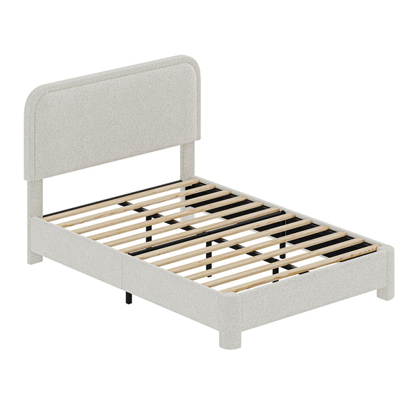 CONCETTA Bed Frame with Boucle Upholstery, Modern Platform Bed with Headboard, Soft Rounded Corners, No Box Spring Needed, Easy Assembly, White