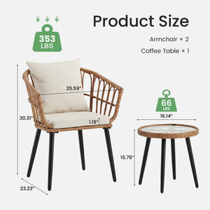 CONCETTA 3 Piece Outdoor Patio Furniture Set, Wicker Bistro Chairs with Glass Top Table for Apartment Balcony, Small Backyard, Porch and Deck