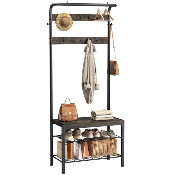 CONCETTA 4-in-1 Coat Rack Hall Tree with Shoe Bench, Shoe Storage, Removable Hooks, Hanging Rod, 13.3 x 28.3 x 72.1 Inches