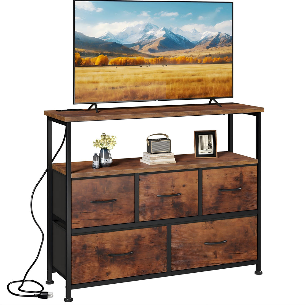 CONCETTA 39.3'' 5 Drawer Dresser with Charging Station, Fabric Storage Chest of Drawers for Bedroom, Living Room, Entryway