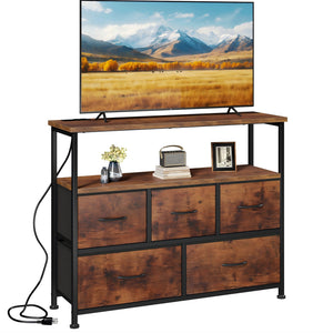 CONCETTA 39.3'' 5 Drawer Dresser with Charging Station, Fabric Storage Chest of Drawers for Bedroom, Living Room, Entryway