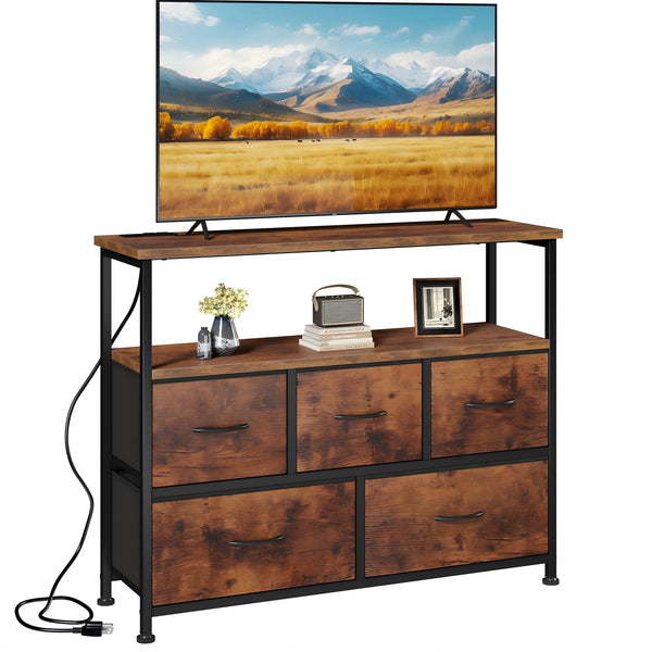 CONCETTA 39.3'' 5 Drawer Dresser with Charging Station, Fabric Storage Chest of Drawers for Bedroom, Living Room, Entryway