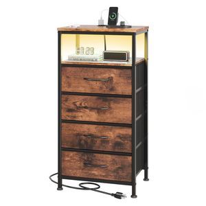 Fabric Drawers Nightstand with Charging Station, Bedside End Table with Power Outlet & USB/Type-C Ports, Iron Frame Structure, Adjustable Feet and Variable Light Strip for Bedroom