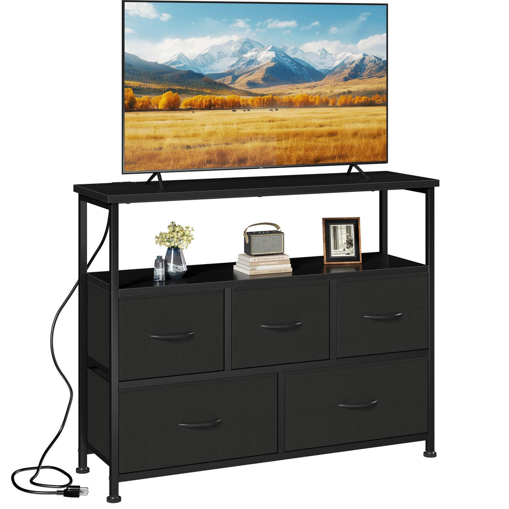 CONCETTA 39.3'' 5 Drawer Dresser with Charging Station, Fabric Storage Chest of Drawers for Bedroom, Living Room, Entryway