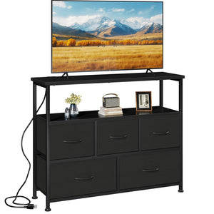 CONCETTA 39.3'' 5 Drawer Dresser with Charging Station, Fabric Storage Chest of Drawers for Bedroom, Living Room, Entryway