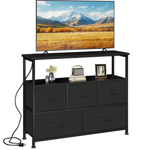 CONCETTA 39.3'' 5 Drawer Dresser with Charging Station, Fabric Storage Chest of Drawers for Bedroom, Living Room, Entryway