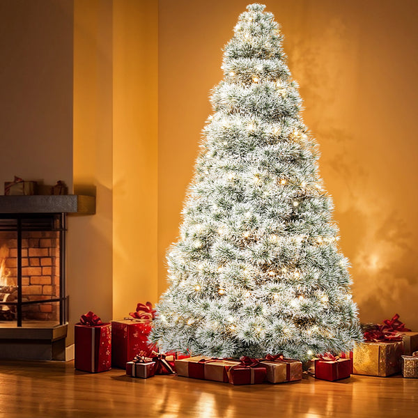 Artificial Full Christmas Tree, Flocked Snow Trees with Pine Cone Decoration, Includes Stand, Incandescent Lights & Foldable Base for Home, Office, Party