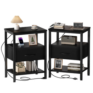 CONCETTA Small Night Stand with Charging Station, 1 Fabric Drawer, USB Ports and Outlets, Open Storage Shelf Bedside End Table for Bedroom, Black，Black Brown,Rustic Brown，White