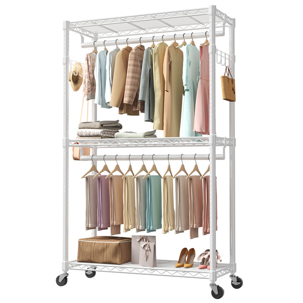 CONCETTA Rolling Clothes Rack, Adjustable Metal Shelves, Heavy Duty Clothes Rack with Side Hooks for Household, Laundry Room