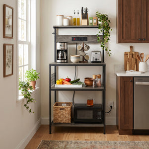 SHOUFTW Kitchen Storage Rack with Power Outlet, 4-Tier Backer's Rack for Microwave Stand & Coffee Bar Storage