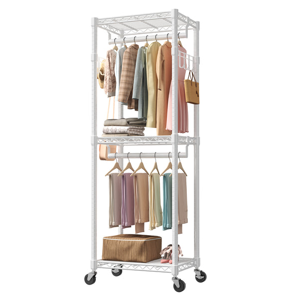 CONCETTA Rolling Clothes Rack, Adjustable Metal Shelves, Heavy Duty Clothes Rack with Side Hooks for Household, Laundry Room