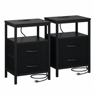 CONCETTA Small Nightstand with Charging Station, 2 Fabric Drawer, End Table with USB Ports and Outlets for Bedroom, Black，Black Brown，Rustic Brown，White